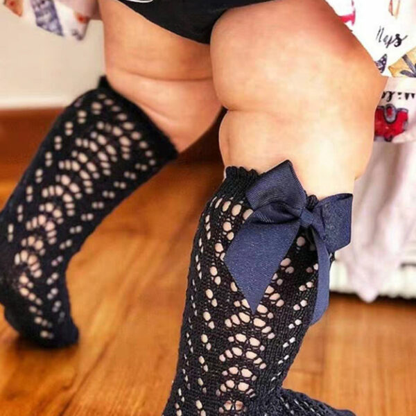 Cute Girls Knee High Socks Bows Cotton Breathable Soft Children Socks Hollow Out Non-slip Newborn Infant Long Socks - Image 2