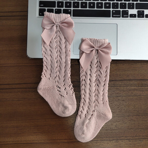 Cute Girls Knee High Socks Bows Cotton Breathable Soft Children Socks Hollow Out Non-slip Newborn Infant Long Socks - Image 4