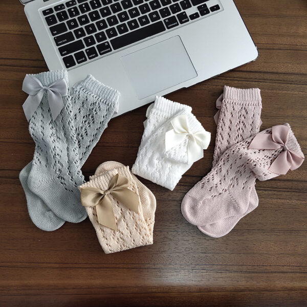 Cute Girls Knee High Socks Bows Cotton Breathable Soft Children Socks Hollow Out Non-slip Newborn Infant Long Socks - Image 3